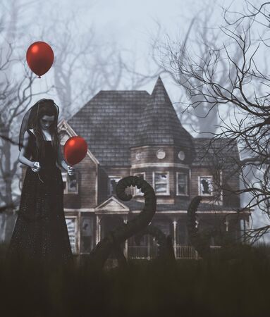Ghost woman in black with red balloons in creepy forest,3d renderingの写真素材