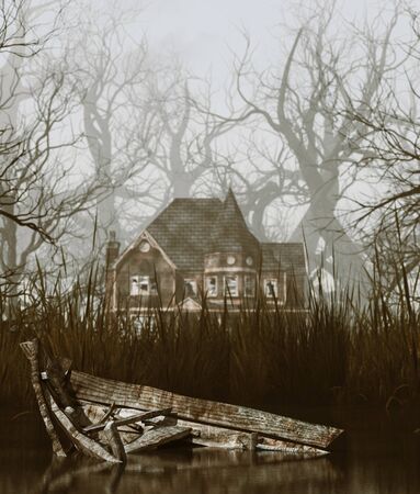 haunted house scene in creepy forest,3d illustrationの写真素材