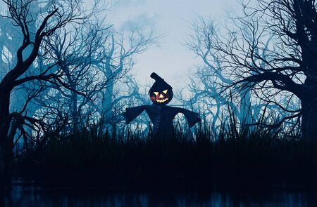 Scarecrow Pumpkin decorated in creepy forest,3d renderingの写真素材