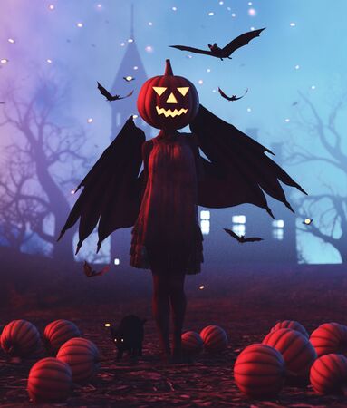 Creatures girl with pumpkin head,3d illustrationの写真素材