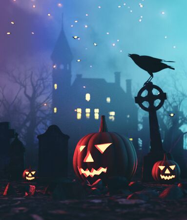 Graveyard on halloween fantasy night,3d illustrationの写真素材