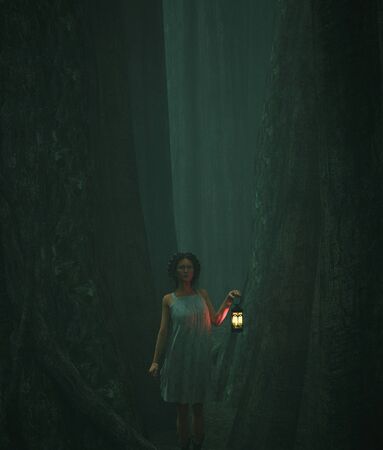 Woman with lantern walking in to the heart of the forest,3d illustrationの写真素材