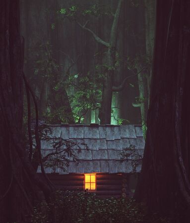 Light from window of an old cabin in haunted forest,3d illustration の写真素材