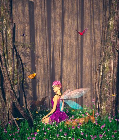 The forest's tales,Little pixie in magical forest,3d illustrationの写真素材
