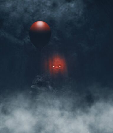 Monster with red balloon hiding in the dark,3d illustrationの写真素材
