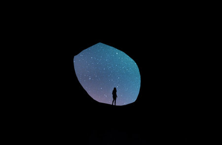 Girl looking to the stars at entrance of the cave,3d rendering