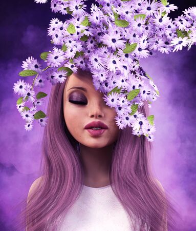Portrait of beautiful woman with spring flowers,3d renderingの写真素材