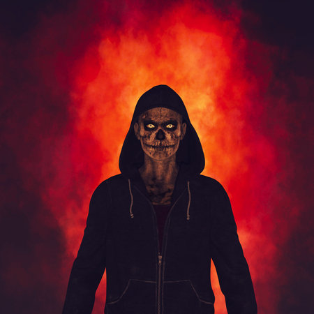 Demon in hoodie,scene for horror book cover,3d rendering