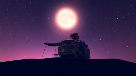 Romantic couple sitting on the roof of camper van under the moonlight,3d illustration