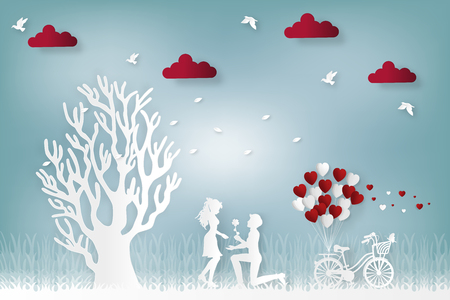 Man proposing to his love with bicycle and balloons.のイラスト素材