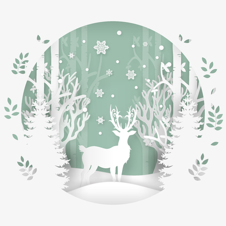 Vector illustration of deer in forest with snow in the winter season and Christmas. Design paper art and crafts.のイラスト素材