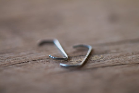 The two staples that have been bent are placed on a brown wooden floor. The photos are partially...
