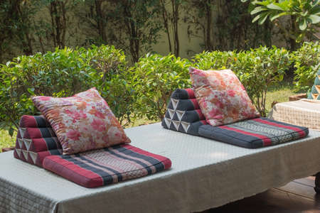 The mattresses and cushions are in Thai style and place for relaxing outside the house.の写真素材