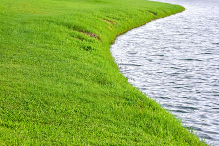 Beautiful curve of green lawn by the lakeの写真素材