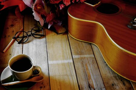 coffee and guitar of background romanceの写真素材