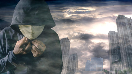Mockup crisis corona virus and pm 2.5  background concept. man wear face mask  protect virus and pm 2.5の写真素材