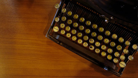 Old typewriter , space top wood tableの写真素材