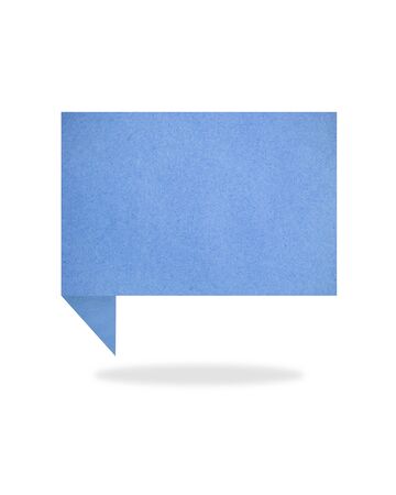 blue origami talk tag recycled paper craft stick on white backgroundの写真素材