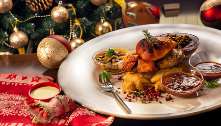 Christmas Turkey Dinner Roasted turkey garnished with red berries and mint leaves in front of a Christmas tree and burning candles. Roasted Turkey Thanksgiving table served with turkey, decorated with bright autumn leaves and candles. Roasted chicken, table setting. Christmas dinner.の素材