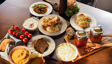 The food put on the wooden table with asian food around, focus at beer glass, shallow depth of field. Christmas family party, celebrating thanksgiving day with roasted turkey for dinner.の素材