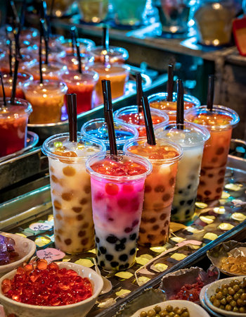 colorful assorted bubble tea, food photography, dim lightingの素材