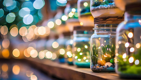 A wall made up of terrarium jars, inside each jar is a different world, fairy lights lightの素材