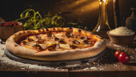 product shot of a juicy Pizza , artisan, rustic, food photography, delicious, close up shotの素材
