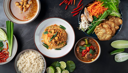 Thai food background, Thai food, tom yum, chicken leg soup, Thai pad noodles Fried rice with vegetable.の素材