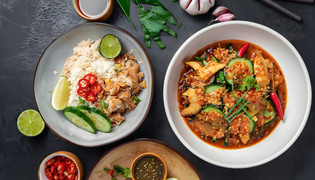 Thai food background, Thai food, tom yum, chicken leg soup, Thai pad noodles Fried rice with vegetable.の素材