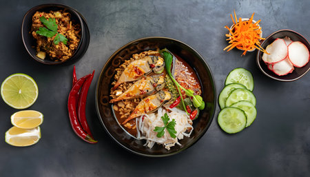 Thai food background, Thai food, tom yum, chicken leg soup, Thai pad noodles Fried rice with vegetable.の素材