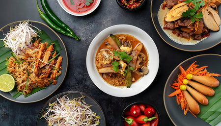 Thai food background, Thai food, tom yum, chicken leg soup, Thai pad noodles Fried rice with vegetable.の素材