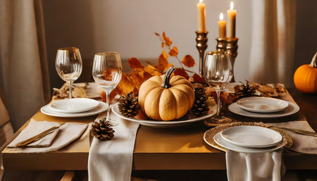 Thanksgiving table setting with automnal decorations, pumpkins, glasses and plates. Holidaysの素材