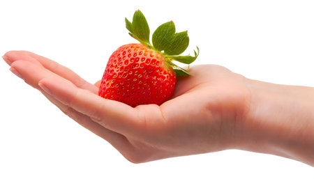 strawberry in hand path isolated on white, ripe strawberry in hand isolateの素材