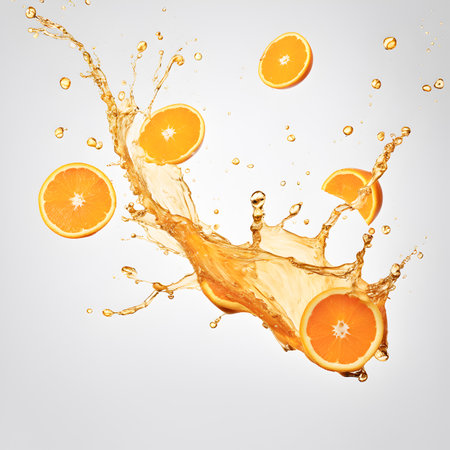 splash effect of orange juice, high speed photography, on plain white backgroundの素材