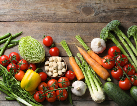 Different fresh vegetables on wooden table, flat lay. Space for textの素材