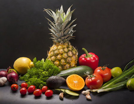 Different fresh vegetables on wooden table, flat lay. Space for textの素材