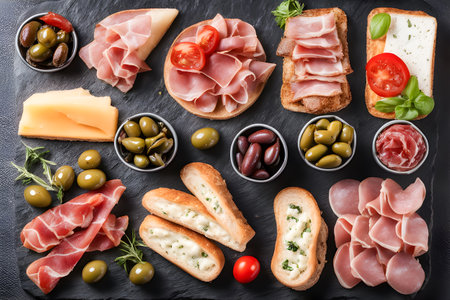 Mix of different snacks and appetizers. minced board with meat sausages salami cheese almonds and fruit.の素材