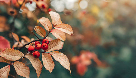 Moody autumnal dry tree leaves with red wild berries on blurred background.の素材