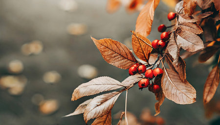 Moody autumnal dry tree leaves with red wild berries on blurred background.の素材