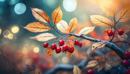 Moody autumnal dry tree leaves with red wild berries on blurred background.の素材