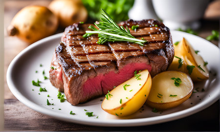 product shot of a juicy Steak, artisan, rustic, food photography, delicious, close up shotの素材
