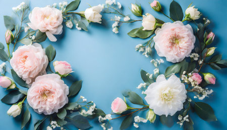 Wedding flower frame on blue background from aboveの素材