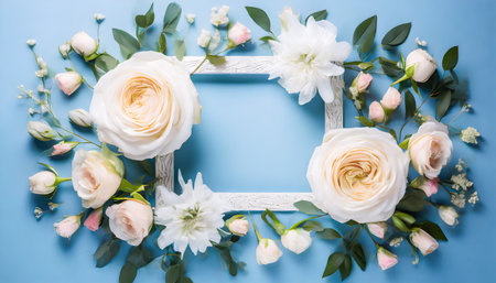 Wedding flower frame on blue background from aboveの素材