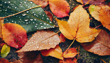 Close up of fallen leaves on ground in autumn covered in raindrops.の素材