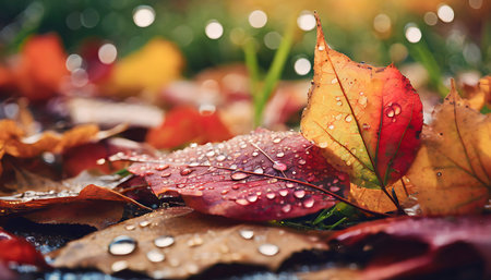 Close up of fallen leaves on ground in autumn covered in raindrops.の素材