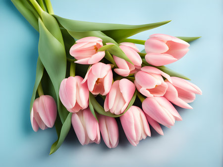 Lovely pastel pink tulips bunch, floral border at Blue light background, top view. Layout for springtime holidaysの素材