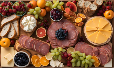 Bright and Colorful Charcuterie Boards and Boxes Fruit, Meat and Cheeseの素材