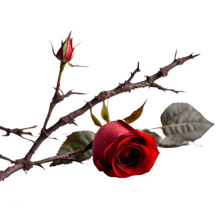 one dry rose branches with rose thorns, between them there is a red rose, on white backgroundの素材
