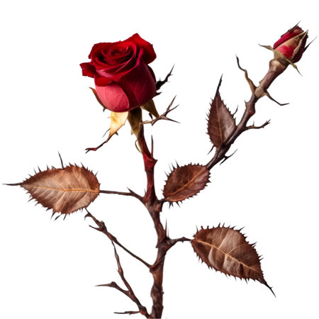 one dry rose branches with rose thorns, between them there is a red rose, on white backgroundの素材