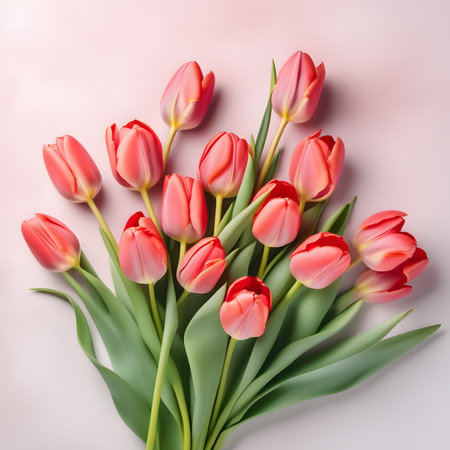 Lovely pastel red tulips bunch, floral border at light background, top view. Layout for springtime holidays. Mother day greeting cardの素材